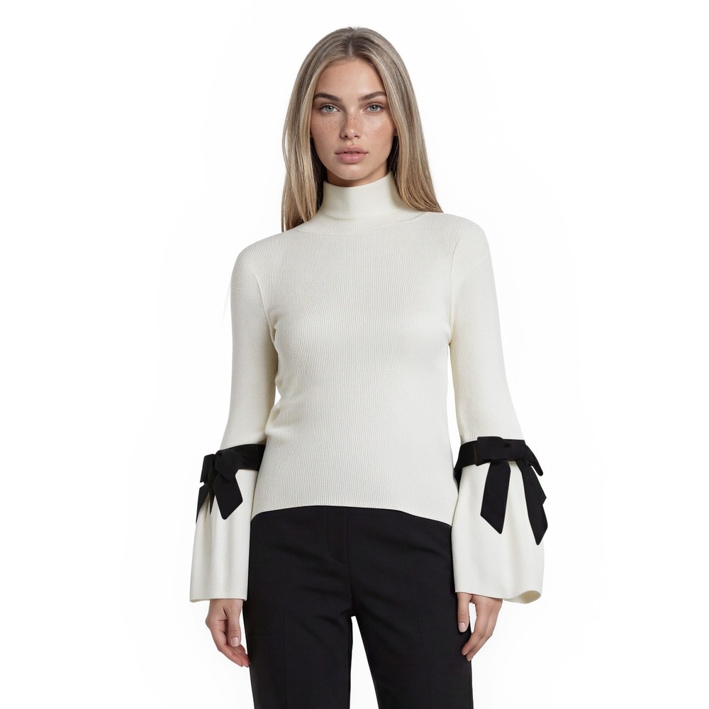 Maeve Anthropologie Sweater‎ Top Women's Size Small Cream Ribbed Bell Sleeve Bow